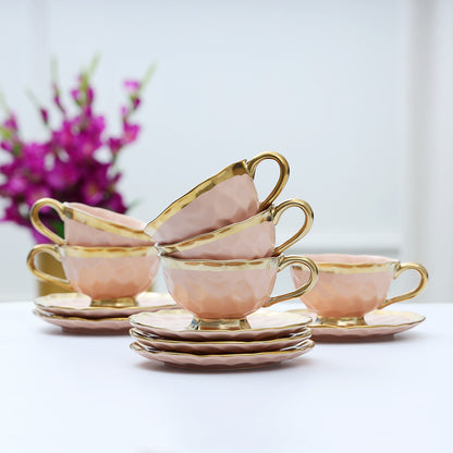 Vintage Pink with Gold Corner Ceramic Cup Set-12 Pcs