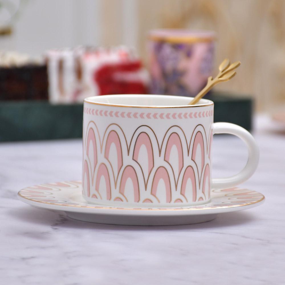 Nordic Fancy Doric Ceramic Cup With Saucer & Gold Coated Spoon- (Pack of 6)