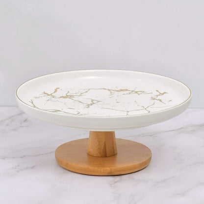 White Marblene Pattern Ceramic Dessert Tray with Wooden Stand