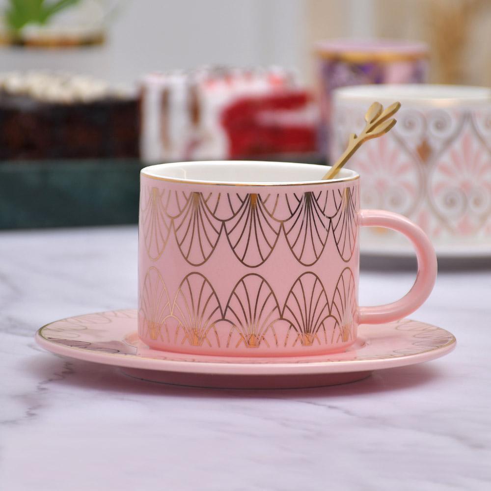 Nordic Fancy Doric Ceramic Cup With Saucer & Gold Coated Spoon- (Pack of 6)