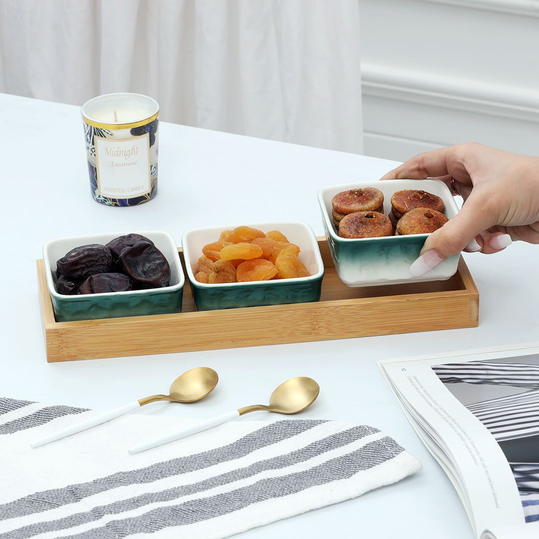 3 Dip Square Ceramic Grid With Wooden Tray