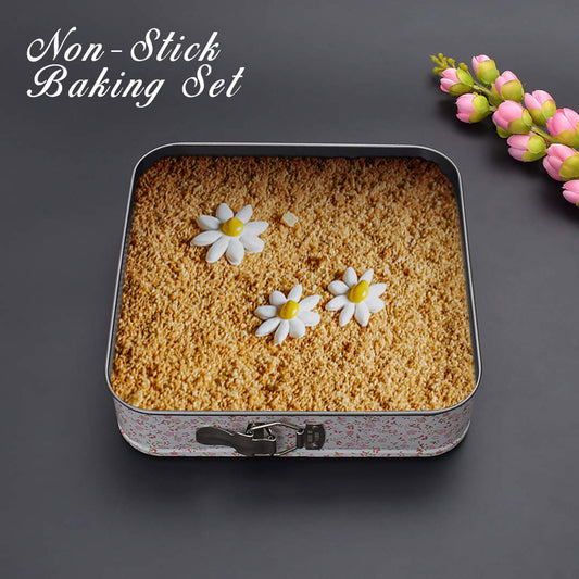 3-Pcs Floral Pattern Square Shape Non- stick Cake Tin/ Baking